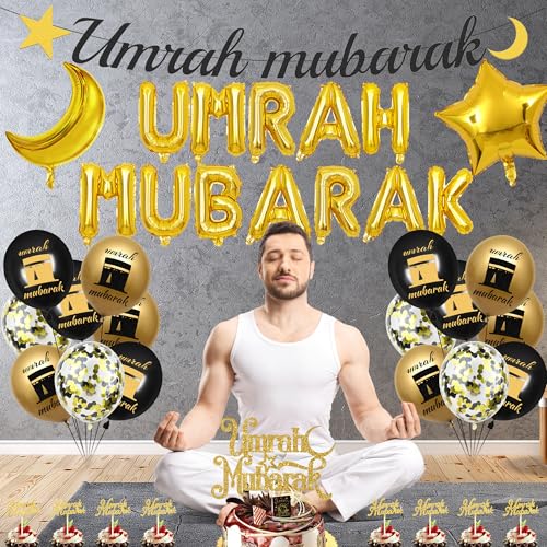 Umrah 무바라크 장식 라마단 이드 - 44피스 블랙 골드 하즈 라마단 장식 풍선 배너 케이크 토퍼 스타 문 파티 용품 가정용 Lslamic Muslim Al Fitr Eid Umrah 무바라크 파티 선물