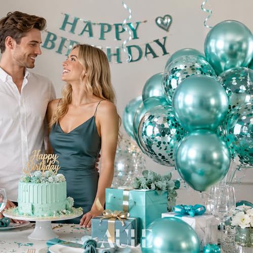 AULE Party Balloons Pack of 42 - Metallic Green Balloons & Confetti Balloons and 64ft Ribbons - 12 Inch Teal Green Balloon Decorations Set - color: Green