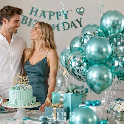 AULE Party Balloons Pack of 42 - Metallic Green Balloons & Confetti Balloons and 64ft Ribbons - 12 Inch Teal Green Balloon Decorations Set - color: Green