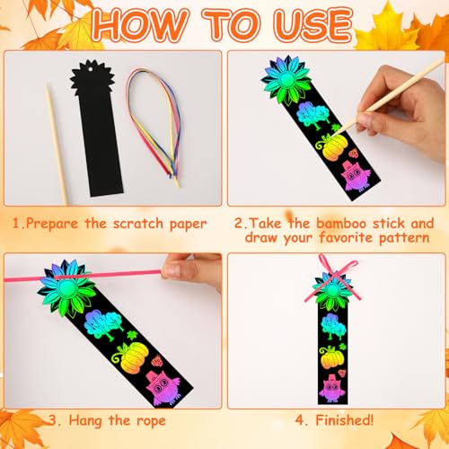 JUNEBRUSHS 30Pcs Fall Scratch Bookmarks, Rainbow Magic Scratch Paper Art Hello Fall Autumn Leaves Pumpkin Turkey DIY Crafts Kit for School Classroom Activity Thanksgiving Party Favor - style: Fall Style