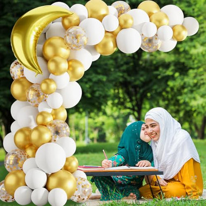 Eid Mubarak Decoration for Home 2026 - 89 White Gold Balloon Arch with Eid Mubarak Star Balloons,Star Moon Balloon Boxes,Ramadan Party Supplies Decorations for Ramadan Festival