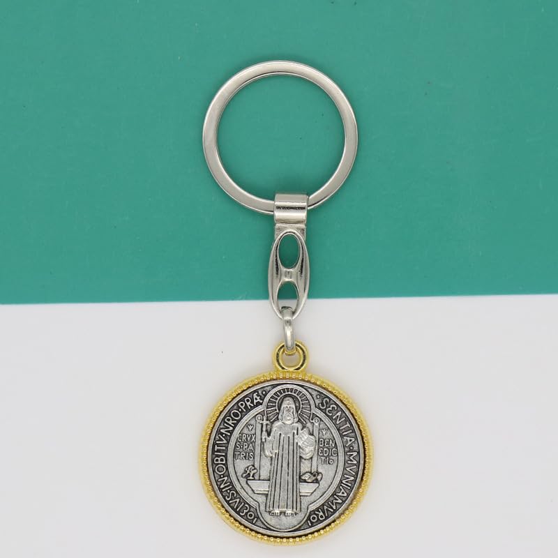 2pcs SaintBenedict Medallion Keychain Catholic SanBenito Pendant KeyRing Jesus Religious MetalJewelry Accessories for BagGift - color: Golden Silver