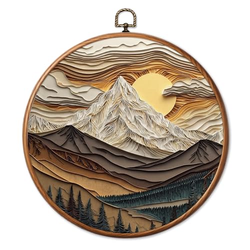 Chicimln Boho Mountain Sunrise Sunset Landscape Round Wall Art Framed Canvas Prints, Nature Rustic Layered Art Sculpture Circle Wall Hanging Decor for Home Living Room Office 10x10 Inch - color: Boho Sun 08
