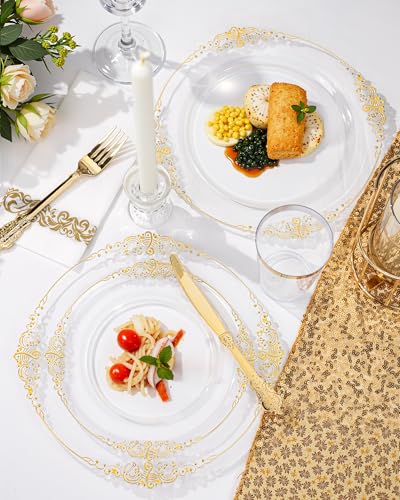 Nervure 175PCS Clear Gold Plastic Plates - Gold Disposable Dinnerware Set for 25 Guests Include 50 Disposable Plates, 75 Plastic Silverware, 25 Cups, 25 Napkins for Wedding & Party - color: Clear, style: 175Pcs(25Guests)