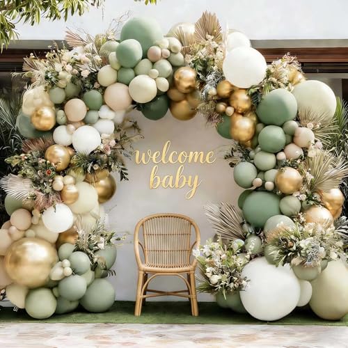 Dusty Green White Gold Balloon Garland Double Stuffed Light Sage Green White Sand Beige Balloon Arch Kit Olive Cream Metallic Balloons for Baby Bridal Shower Birthday Wedding Wild One Party Decor - color: Green White Gold