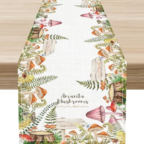 Rustic Mushroom Table Runner, Spring Summer Watercolor Floral Colorful Wooden Forest Plants Seasonal Botanical Leaf Farmhouse Wildflowers Home Kitchen Dining Table Decoration 13"x36" - color: Tr-mushroom06, size: 13x36" Table Runner