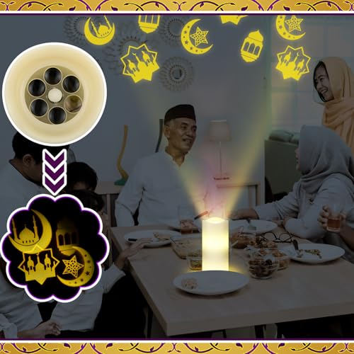 Baquler Ramadan Flameless Candles Projector Light Eid Mubarak LED Candle Battery Operated Star Moon Night Light with Remote and Timer Eid Mubarak Electric Gifts Ramadan Decoration for Home Room Decor - style: Mubarak