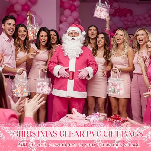 Aliceset 24 Pcs Pink Christmas Gift Bags with Handles Bulk Clear PVC Xmas Party Favor Bags Plastic Gift Wrap Totes for Holiday Presents Wrapping Treat Supplies(Santa Claus, 6.31"x 5.91"x 3.15") - style: Santa Claus