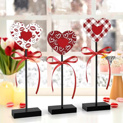 3 Pieces Valentine's Day Table Decorations Wooden Heart Set,Rustic Valentine's Day Tiered Tray Decor for Home Tables (Classic) - style: Classic