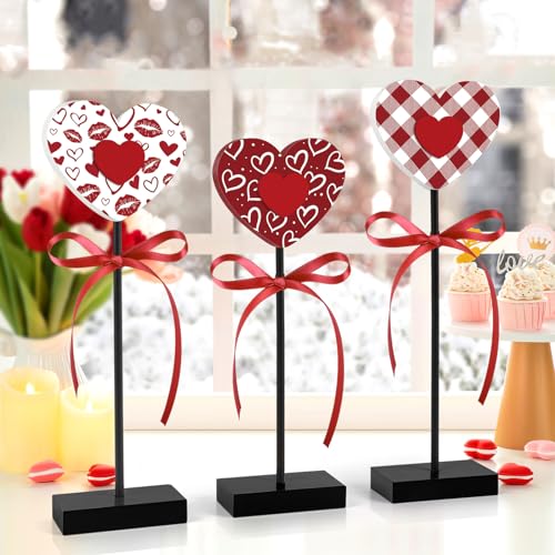 3 Pieces Valentine's Day Table Decorations Wooden Heart Set,Rustic Valentine's Day Tiered Tray Decor for Home Tables (Classic) - style: Classic