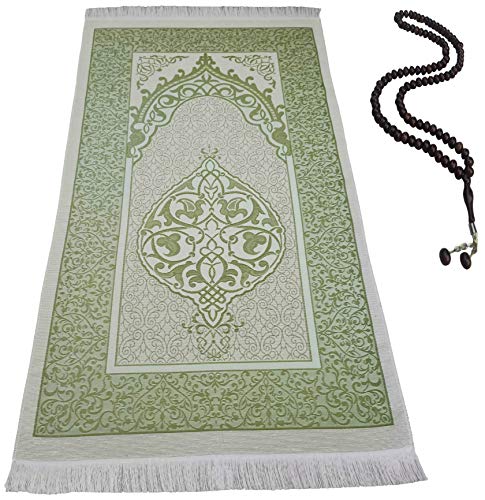 BAYKUL Muslim Prayer Rug-Islamic Turkish Velvet Rugs-Great Ramadan Gifts-Janamaz Prayer Mat for Women Men-Portable Carpet Muslims Mats-Praying Rugs Islam-Sajadah-Gift Praying Beads 99 (Green) - color: Green