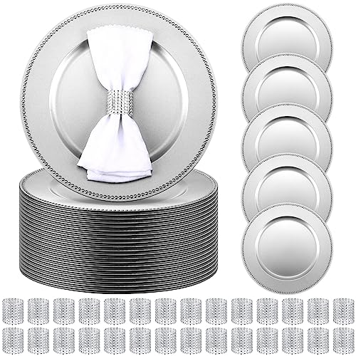 Tanlade 100 Pcs Charger Plates Bulk with Napkin Rings, beaded Style, silver - color: Silver, size: Beaded Style