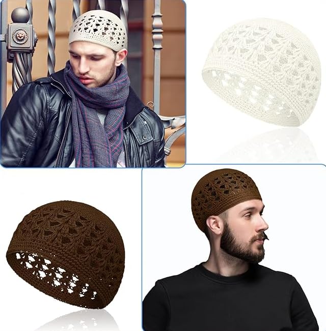 3pcs Knit Kufi Hats for Men Muslim Prayer Cap Islamic Ramadan Eid Taqiyah Cap Koofi Topi Beanie Skull Hat Under Hat - color: Brown