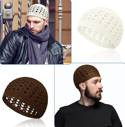 3pcs Knit Kufi Hats for Men Muslim Prayer Cap Islamic Ramadan Eid Taqiyah Cap Koofi Topi Beanie Skull Hat Under Hat - color: Brown