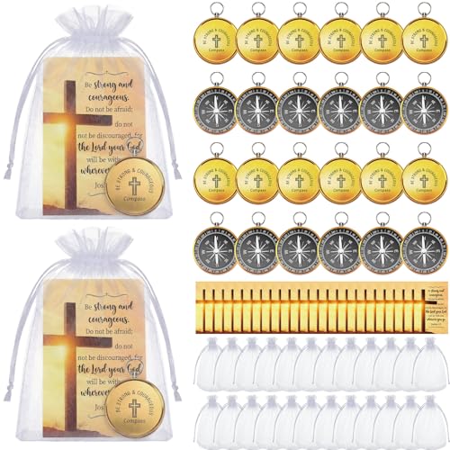 Relaxweex 24 Set Mini Christian Compass Christian Gift for Men Compass with Cards and White Drawstring Organza Bag Bible Scripture Cards Religious Gifts for Men Graduation Gift Wedding - style: Classic