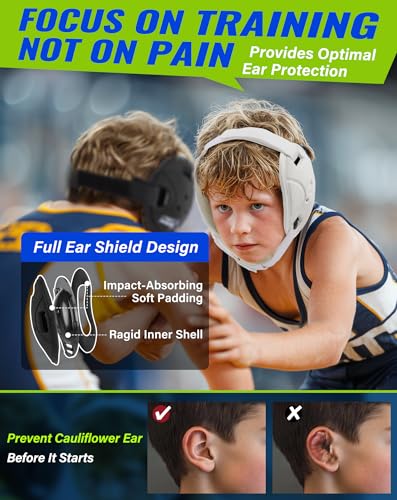 Trymaker Wrestling Headgear, Head Gear for Youth with Chin Cup & Pad | Head Under 21", Ages 4–9, Sorf Triple-Layer Ear Guard, 3-Point Adjustment System, MMA, Jiu-Jitsu, BJJ - color: White Headgear & White Strap