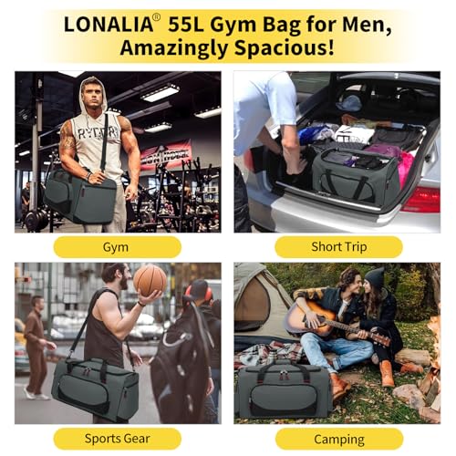 55L Large Sports Duffle Gym Bag for Men, 22 inch, Gray | Heavy Duty, Gym Duffel Bag, Multi Pockets, Spacious - color: Grey