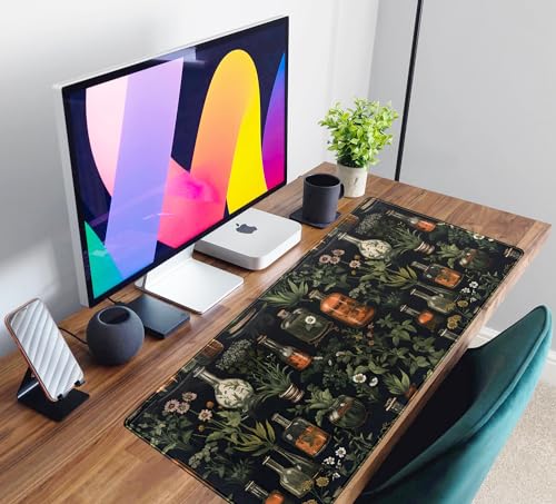 Black Aesthetics Desk Mat Mouse Pad Large Gaming Mouse Pad Desk Pad Mousepad, Mystical Green Plant Computer Laptop Keyboard and Mouse Mat, Desktop Protector Mat for Women Girl Office 31.5x15.8 in - color: Black Mystical Green Plant