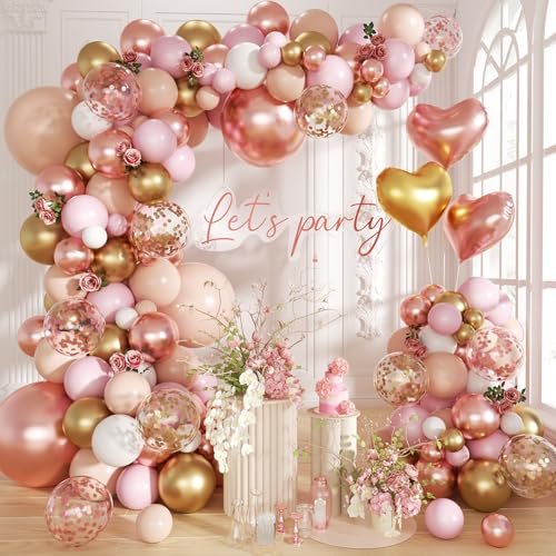 Rose Gold Balloon Garland Arch Kit, 140Pcs Nude Pastel Pink Metallic Gold White Balloons Gold and Rose Gold Confetti Balloons with Heart Foil Balloon for Wedding Bridal Birthday Party Decorations - color: Rose Gold