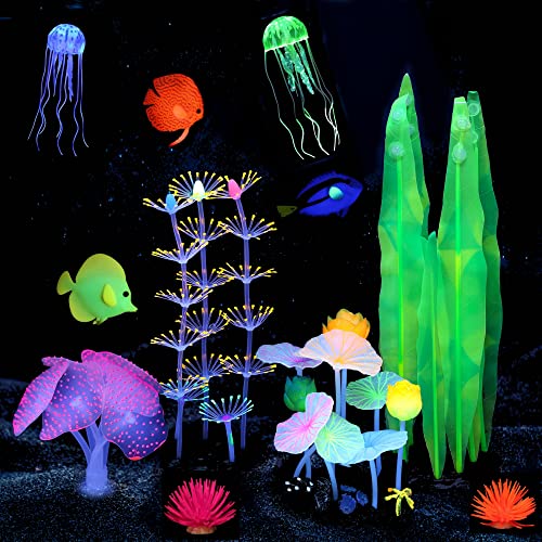 Lpraer 11 Pcs Glow Aquarium Decorations Coral Lotus Leaf Anemone Seaweed Floating Fish Jellyfish Glowing Effect Silicone for Fish Tank Decorations - color: Branch Coral+lotus Leaf+anemone+3 Seaweed+2 Jellyfish+3 Fish