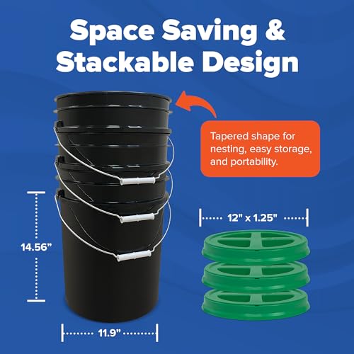 5 Gallon Bucket - Food Grade w/Lid BPA-Free, Black/Green, 6 | Airtight Gamma Seal Screw-On Lid, Heavy-Duty 90 Mil HDPE Plastic, Food Safe and Durable Container, Bulk Storage, Made in USA - color: Black/Green, size: 6 Packs