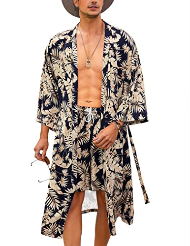 COOFANDY Men Lightweight 2 Piece Kimono Robe with Shorts Japanese Robes Casual Open Front Long Cardigan With Belt - color: Navy Blue(leaves), size: Small