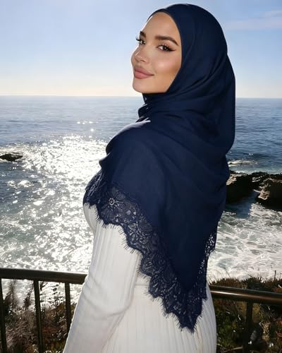 JUMISEE Elegant Floral Lace Hijab Scarf for Women Soft Cotton Head Wrap Instant Hijab Long Scarves Evening Dress Shawl - color: Dark Blue