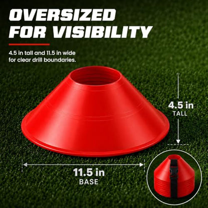 American Challenge Large Disc Cones – Set of 6 Agility Cones for Sports Training – Compact Soccer Cones with Carry Strap for Drills & Practice - color: Red