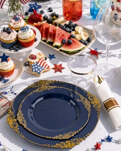 Nervure 175PCS Blue Plastic Plates - Blue Gold Plastic Dinnerware Set Disposable Include 50 Plates for Dinner and Dessert, 25Knives, 25Spoons, 25Forks, 25Cups, 25Napkins for Weddings & 4th of July - color: Navy, style: 175Pcs(25Guests)