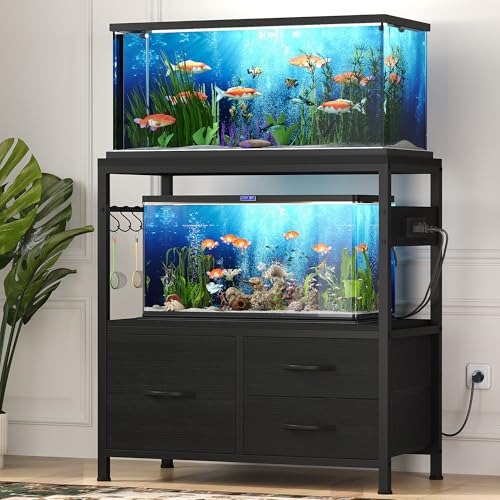 Heybly 20-29 Gal Fish Tank Stand with Drawer, Power Outlet,330lbs HAS001BK | Aquarium Stand,Heavy Duty Metal Frame for Fish Tank, Turtle & Reptile Terrarium, 31.5" x 15.7" Top, Black - color: Black, size: 20-29 gal