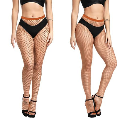E-Laurels Womens High Waist Patterned Fishnet Tights Suspenders Pantyhose Thigh High Stockings Black - color: Caramel 2 Pcs M+l