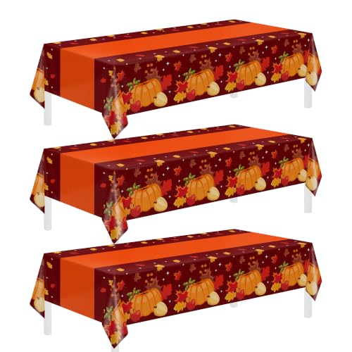 Childom Thanksgiving Tablecloth,3 Pack Disposable Plastic Tablecloth 54x108 Inch Thanksgiving Decorations,Pumpkin Maple Leaf Party Table Cover for Home Table Decor,Birthday Party Supplies - color: Thanksgiving Red