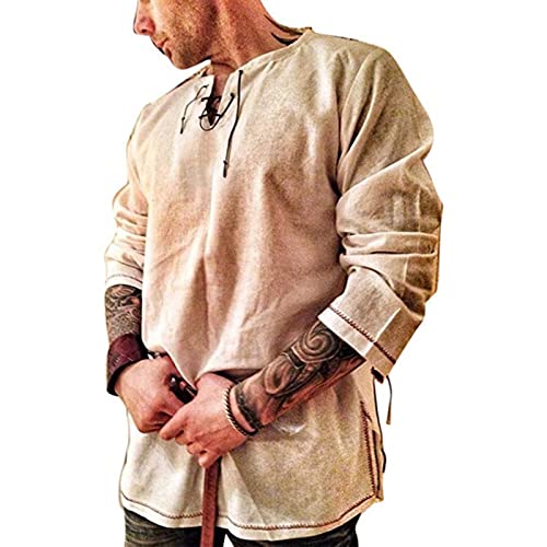 Rela Bota Men's Cotton Shirt Medieval Viking Tunic Renaissance Costume - color: Solid Khaki, size: Large