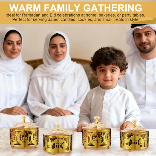 4 Pcs Eid Mubarak Plates with Lids, Metal Gold Moon Castle Ramadan Serving Tray, Middle Eastern Food Storage Container for Cookie Candy Pastry Dessert, Ramadan Decorations Table Display Set - style: Round