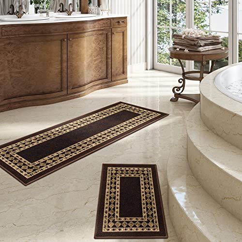 Antep Rugs Alfombras Modern Bordered 2pc Non-Skid (Non-Slip) Low Profile Pile Rubber Backing Indoor Kitchen Runner Rugs (Brown Beige, 2pc Set) - color: Brown Beige, size: 2pc Set