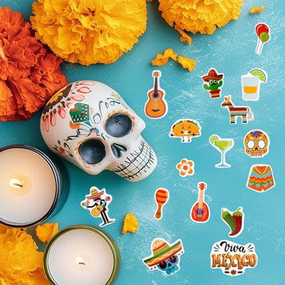 24 Sheets Cinco De Mayo Sticker, Mexican Fiesta Party Stickers, Avocado Mexican Carnival Tacos Cactus Guitar Stickers for Carnival Themed Party Supplies - color: Yellow-cinco De Mayo