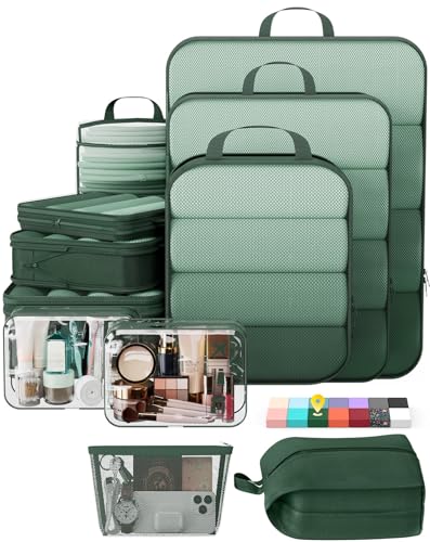 Veken 11 Set Compression Packing Cubes for Travel Essentials,Compressible Expandable Large Luggage Suitcase Organizer Bags for Clothing,Space Saver Bags with Over 1000 pcs of Mesh Holes(Dark Green) - color: Dark Green, size: 11 set