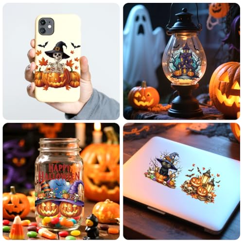 Peacoblue Halloween Elements Rub On Transfers for Craft, Transfer Sticker | 18 Sheets UV DTF Transfers, Waterproof Rub On Decals for Wood, Glass, Furniture, Tumblers & Home Decor Crafts - style: Halloween Elements