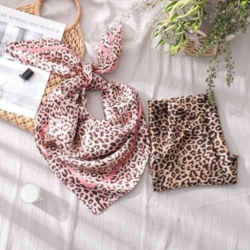AWAYTR 35” Large Satin Square Head Scarf - 2Pcs Silk Like Floral Head Scarves Square Satin Hair Scarf Bandanas for Women - color: Leopard Print (Pink/Khaki)