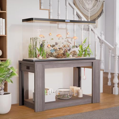 Farmhouse 75–120 Gallon Aquarium Stand for Fish or Reptile Tank, 48"x24" Tabletop Terrarium Stand with Power Outlet and Storage Shelves, Natural Brown Fish Tank Stand, 1500LBS Capacity,Gray Wood
