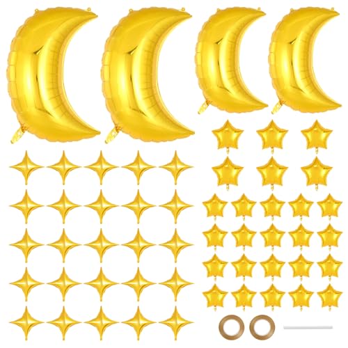 55 Pcs Moon and Star Foil Balloons, 36 Inch and 28 Inch Moon Mylar Balloons, 18 Inch and 10 Inch Star Mylar Balloon for Wedding, Baby Shower, Birthday Party Decorations (Gold) - color: Gold