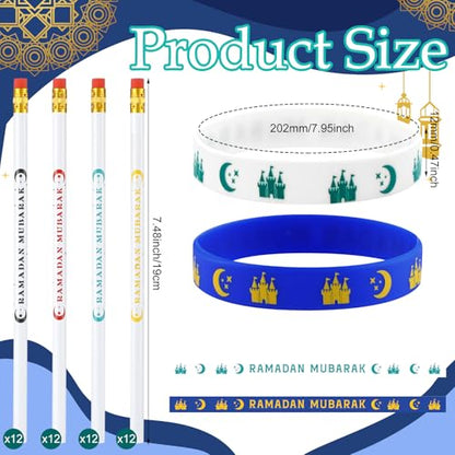 Mooliwe 144 Pcs Ramadan Mubarak Party Favor Gifts Bulk 48 Eid Ramadan Muslim Pencils 48 Mubarak Wristbands 48 Cellophane Gift Bag for Party Decorations Supplies(Conventional Style) - style: Conventional Style