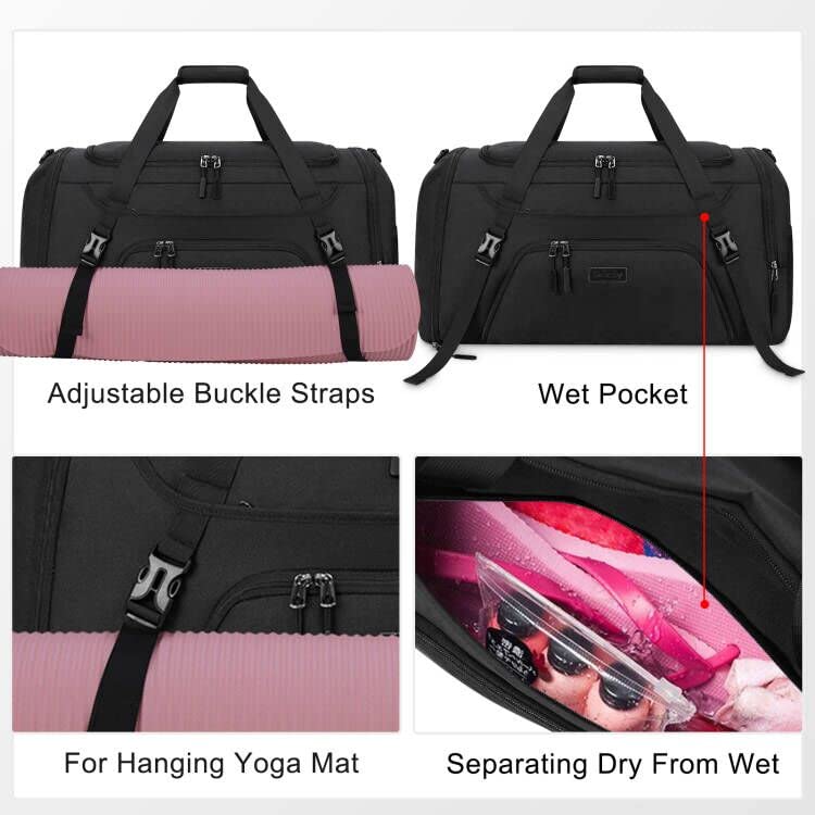 Gym Duffle Bag for Women Men 55L Waterproof Sports Bags Travel Duffel Bags with Shoe Compartment,Wet Pocket Large Weekender Overnight Bag with Toiletry Bag,Black - size: 55L