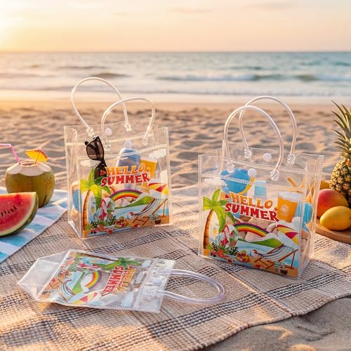 Aliceset 24 Pcs Hello Summer Clear Gift Bags Bulk with Handle, PVC Summer Party Favor Bag Reusable Transparent Goodie Bags for Beach , Pool Parties, Picnics & Outdoor Events, 6.31"x 5.91"x 3.15" - style: Hello Summer