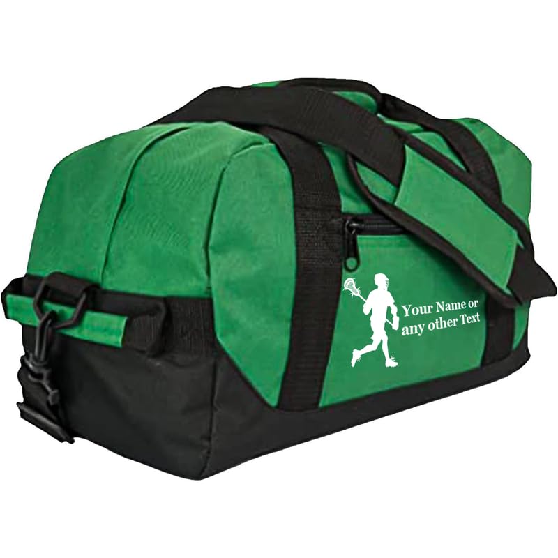 Personalized Passion 14” Small Sports Duffel Bags for Kids - Waterproof Travel Duffle with Name & Lacrosse Design - Dark Green Two-Toned Kids Weekender Bag for Boys and Girls - color: Dark Green, style: Lacrosse