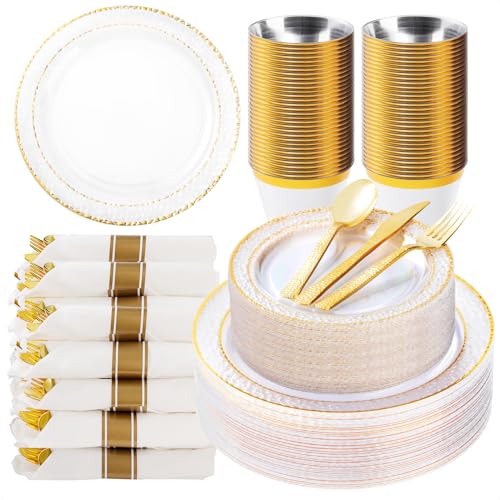 Bestluck 350PCS Clear Plastic Plates with Gold Trim for 50 Guests, - color: Gold, size: 50 Guests Set