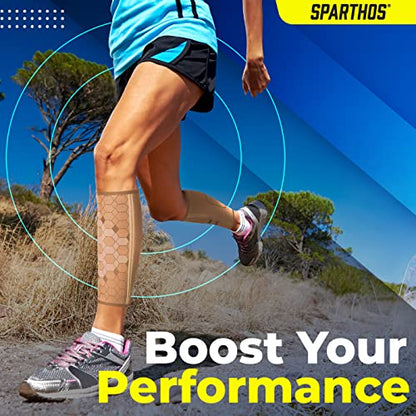 Sparthos Calf Compression Sleeves, Shin Splint Relief Men, Women - Beige-M | Leg Compression Sleeves (1 Pair), Varicose Veins, Pain & Cramp Recovery, Air Travel, Nurses, Maternity, Running, Soccer - color: Desert Beige