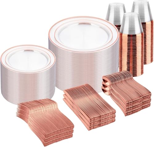 bUCLA 600PCS Clear Rose Gold Plastic Dinnerware Set Disposable - Include 100 Dinner Plates, 100 Dessert Plates, 100 Knives, 100 Forks, 100 Spoons, 100 Cups for Party & Wedding - color: Clear Rose Gold