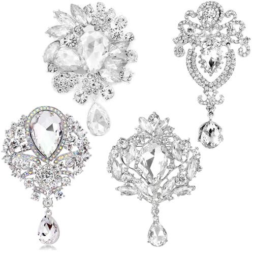 Ezing 4 Pieces Lot Large Big Silver Gold Plated Assorted Crystal Rhinestones Brooch Pins Set - color: B