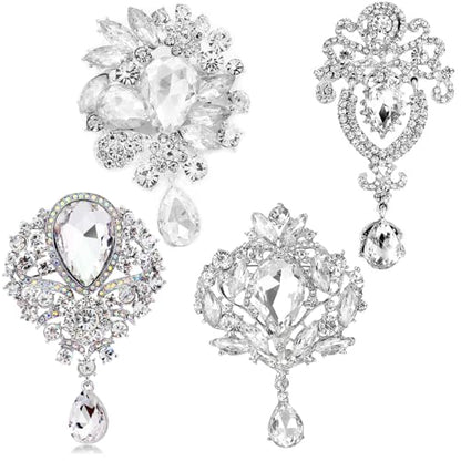 Ezing 4 Pieces Lot Large Big Silver Gold Plated Assorted Crystal Rhinestones Brooch Pins Set - color: B